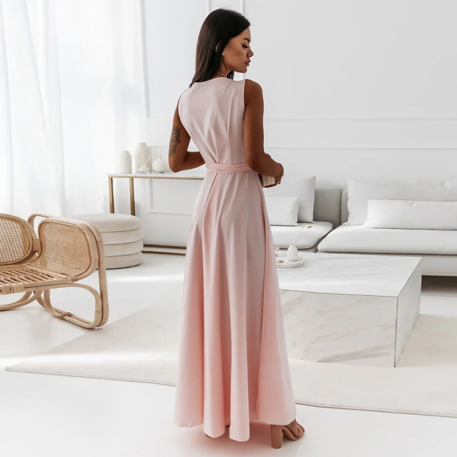 V-neck Sleeveless Dress With Belt Summer Fashion Party Club Evening Maxi Dresses For Women Clothing