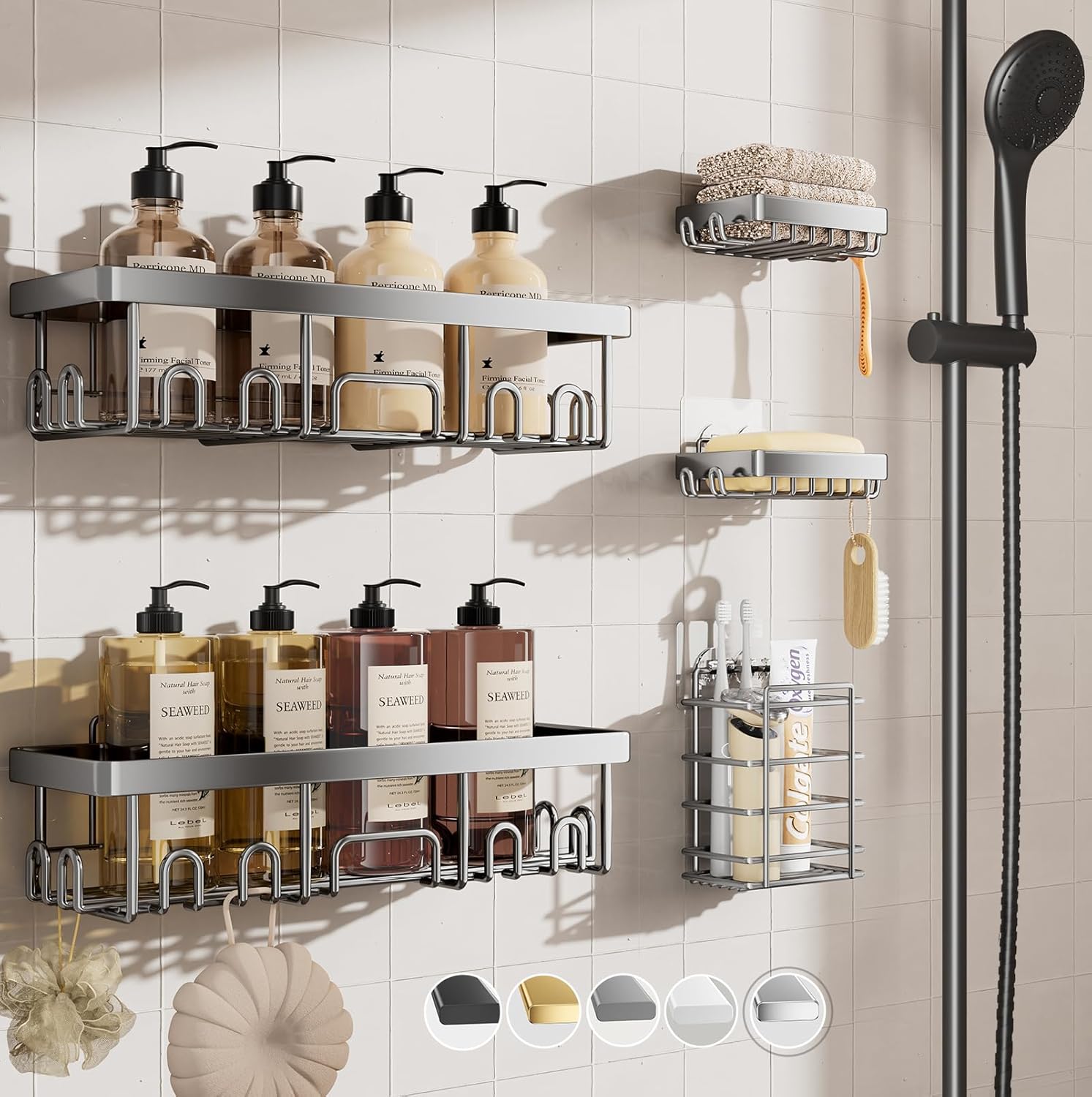 Shower Caddy 6-Pack, Advanced Rustproof Design, No Drilling Adhesive Shelves, Rack with Soap Holder, Large Capacity Bathroom Organizers and Storage, Wall-Mounted Kitchen & Home Decor
