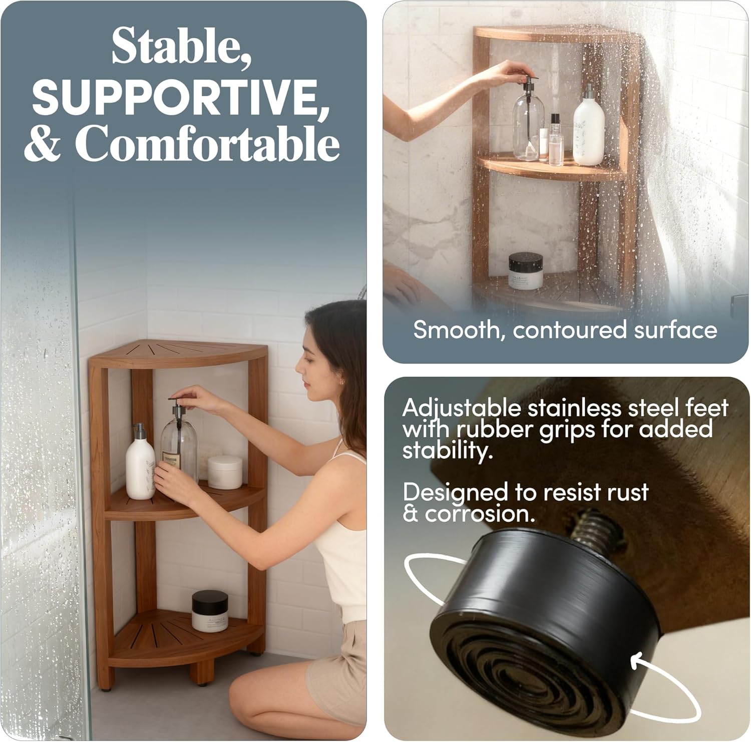 12" Kai-Petite Teak Corner Shelf Stand - Shower Stand with 3 Tier Shelf for Bathroom - Durable Water Resistant Shower Organizer - Space-Saving Storage Shelves with Anti-Slip Feet