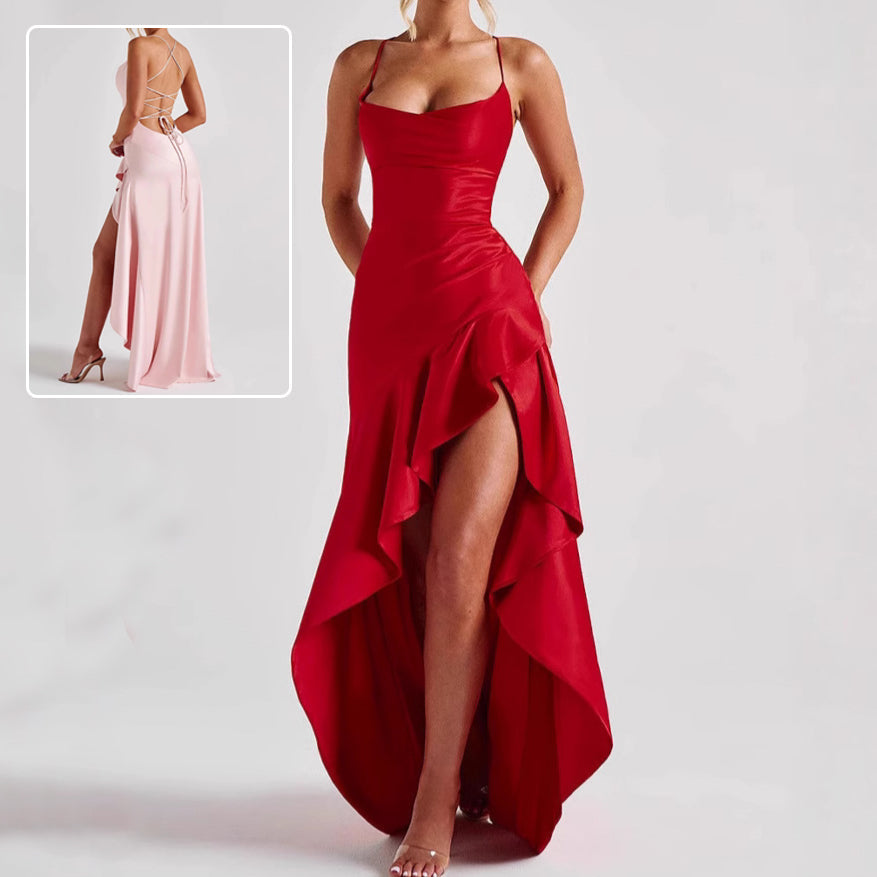 Women's Backless Ruffles Irregular Dress Summer Fashion Evening Party Club Split Suspender Maxi Dresses Clothing